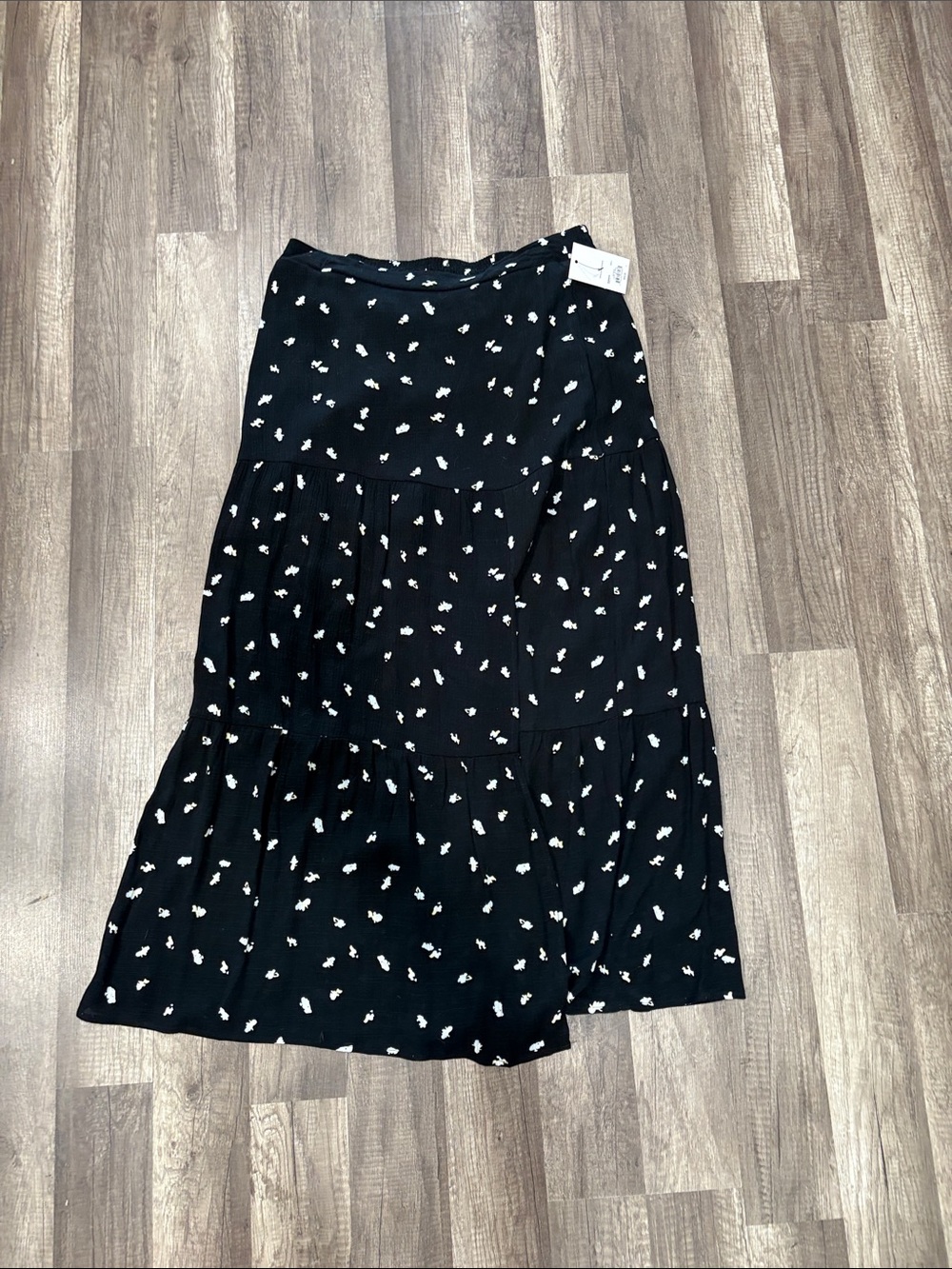 Nine West- Black Tiered Midi Skirt with White Dot Print